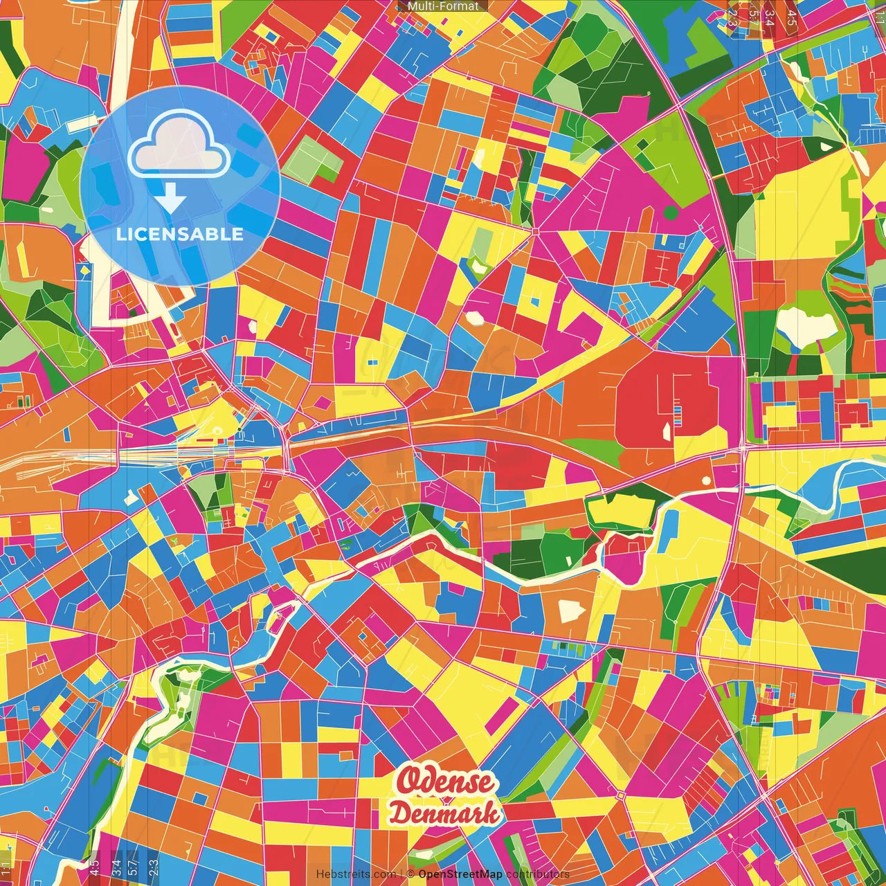 Odense, Denmark Crazy Colorful Street Map Poster Template