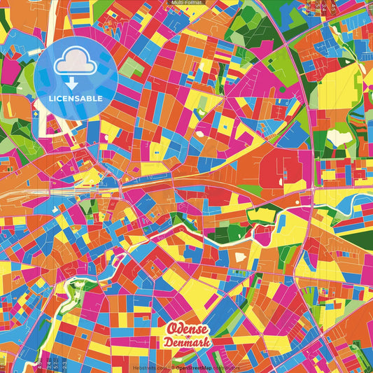 Odense, Denmark Crazy Colorful Street Map Poster Template