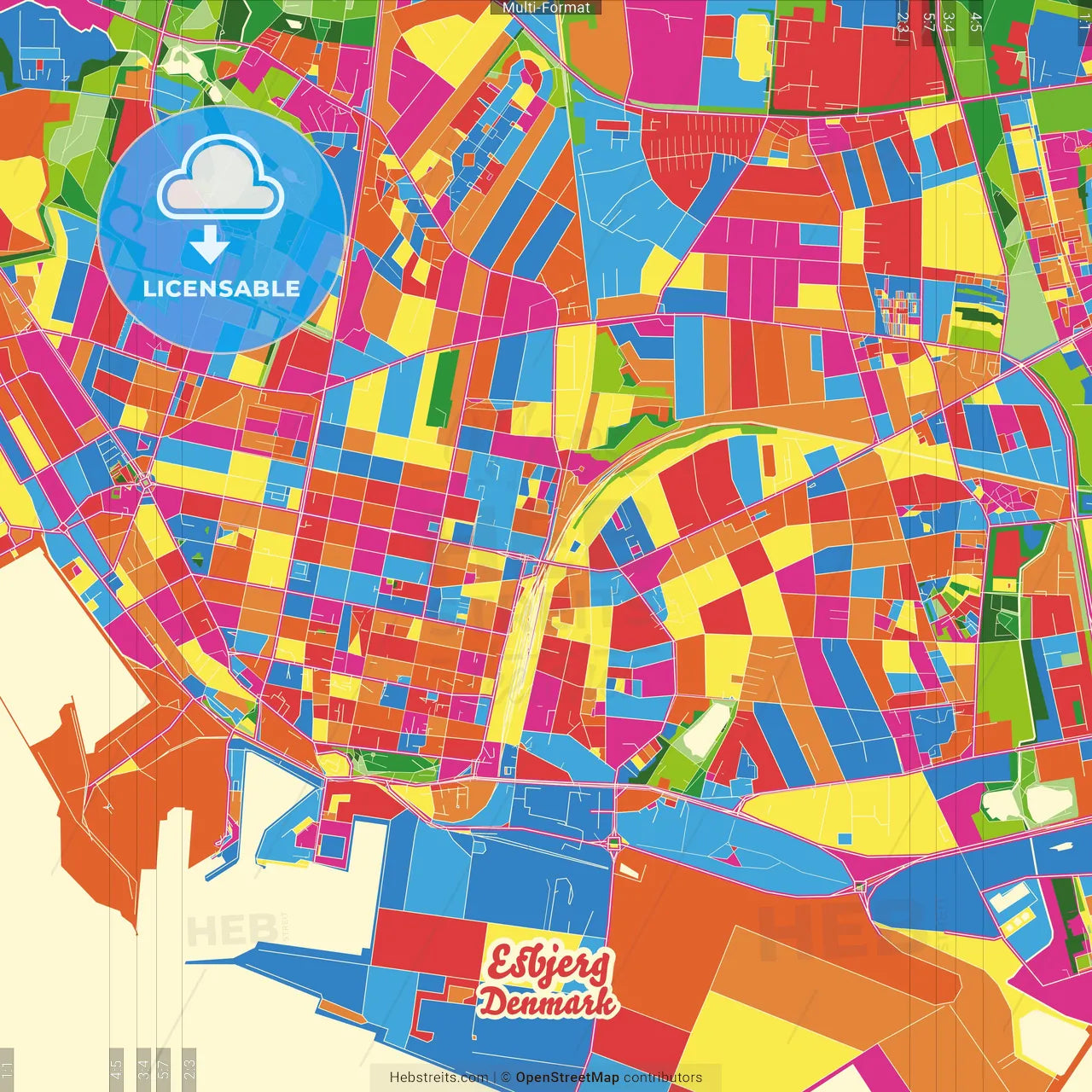 Esbjerg, Denmark Crazy Colorful Street Map Poster Template