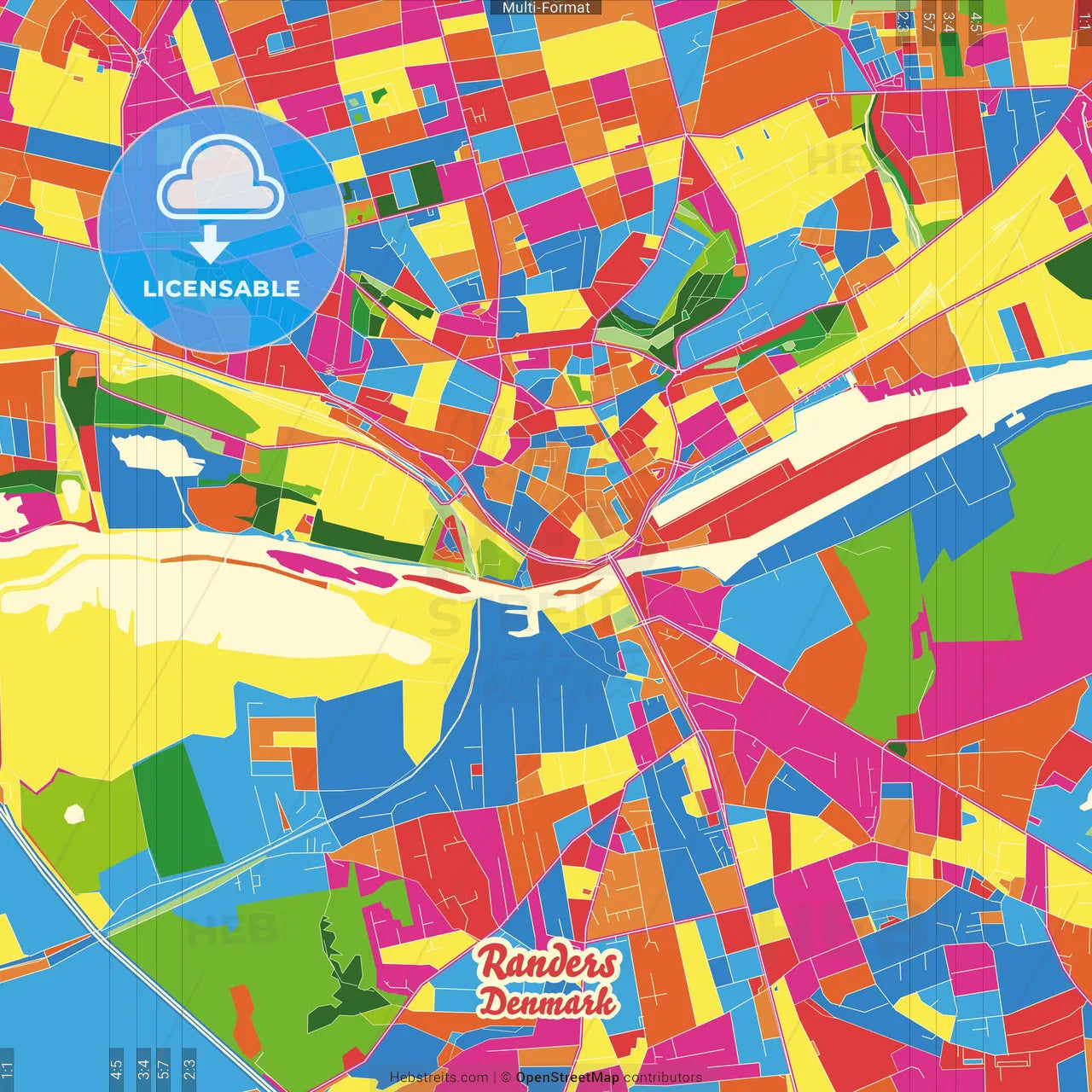 Randers, Denmark Crazy Colorful Street Map Poster Template