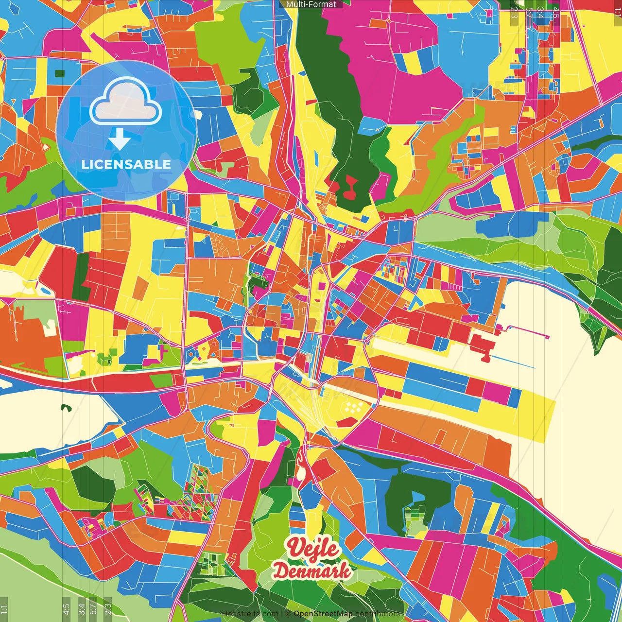 Vejle, Denmark Crazy Colorful Street Map Poster Template