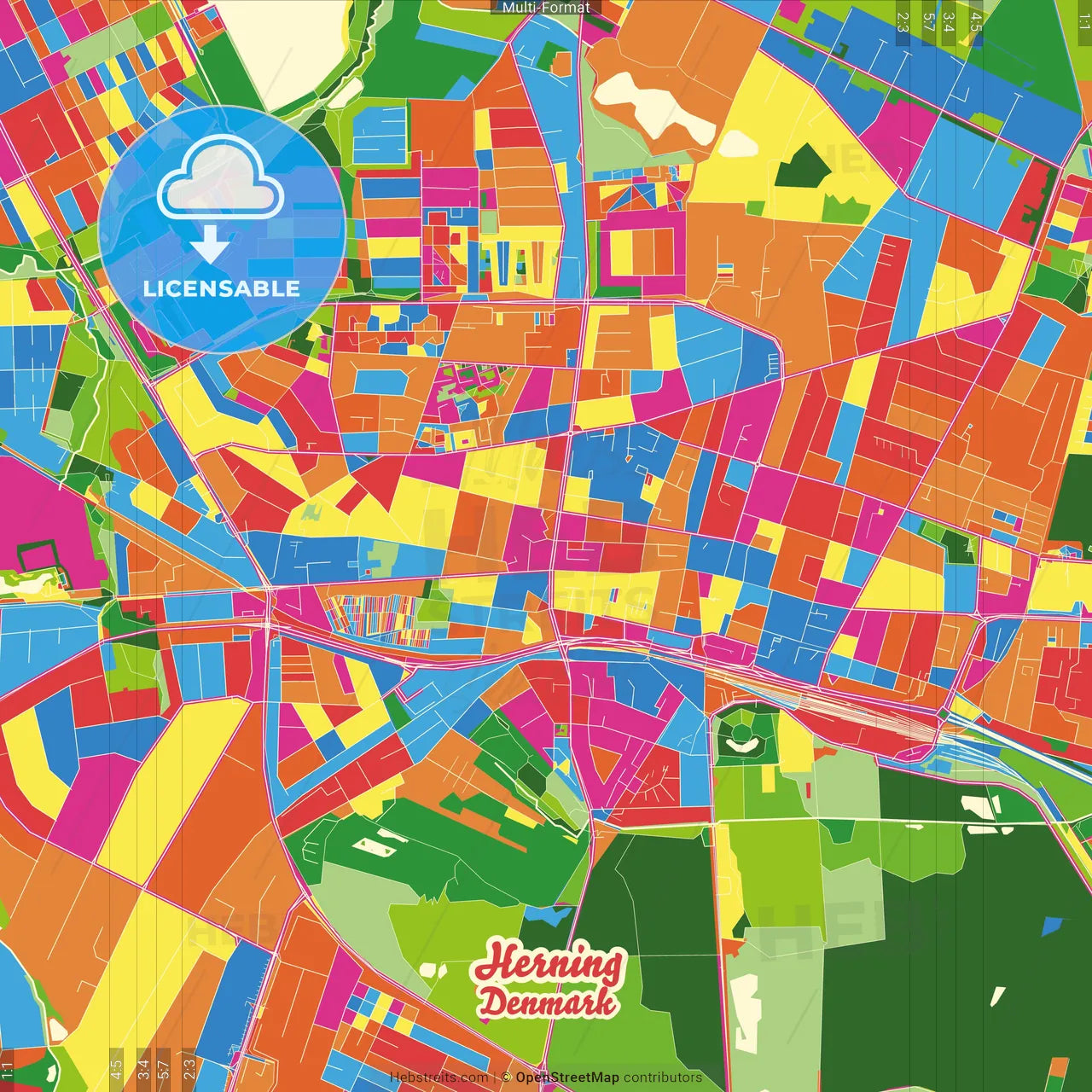 Herning, Denmark Crazy Colorful Street Map Poster Template
