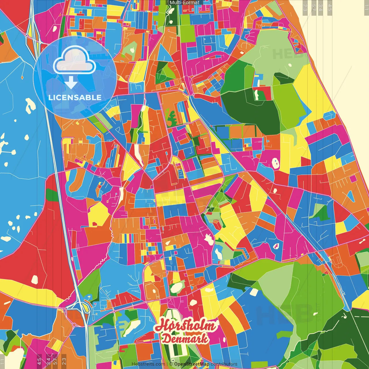 Hørsholm, Denmark Crazy Colorful Street Map Poster Template