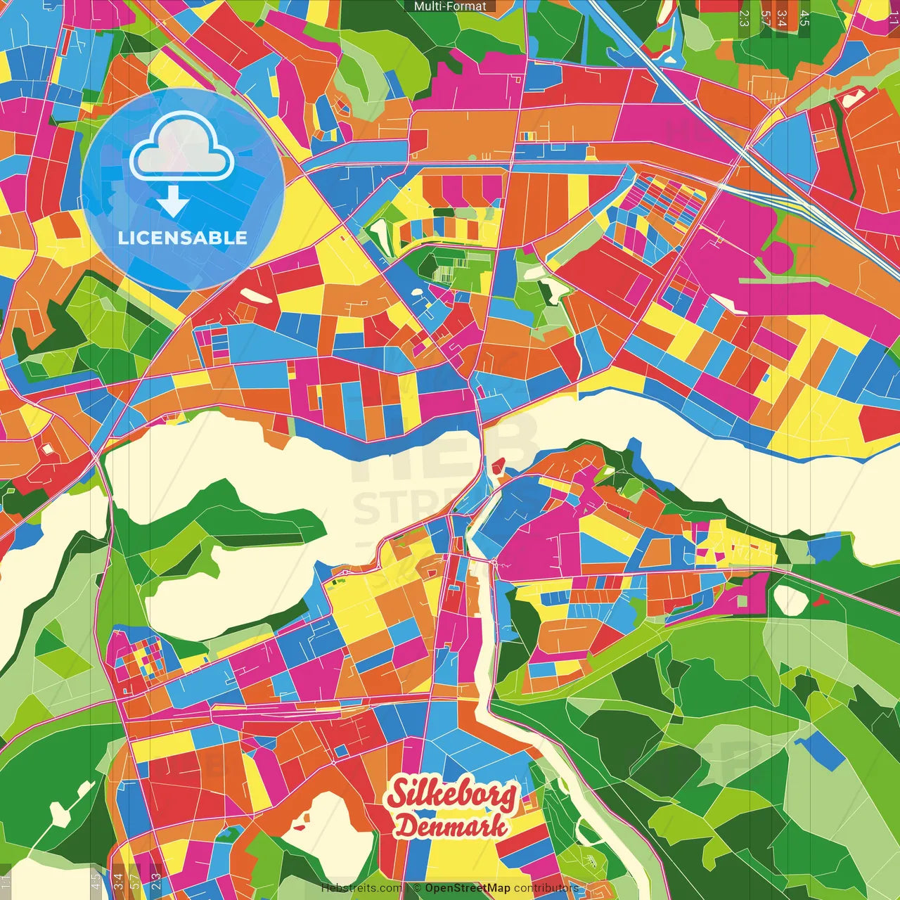 Silkeborg, Denmark Crazy Colorful Street Map Poster Template