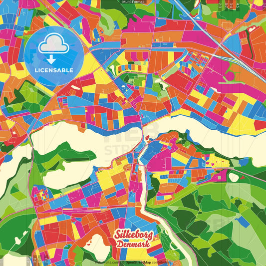 Silkeborg, Denmark Crazy Colorful Street Map Poster Template