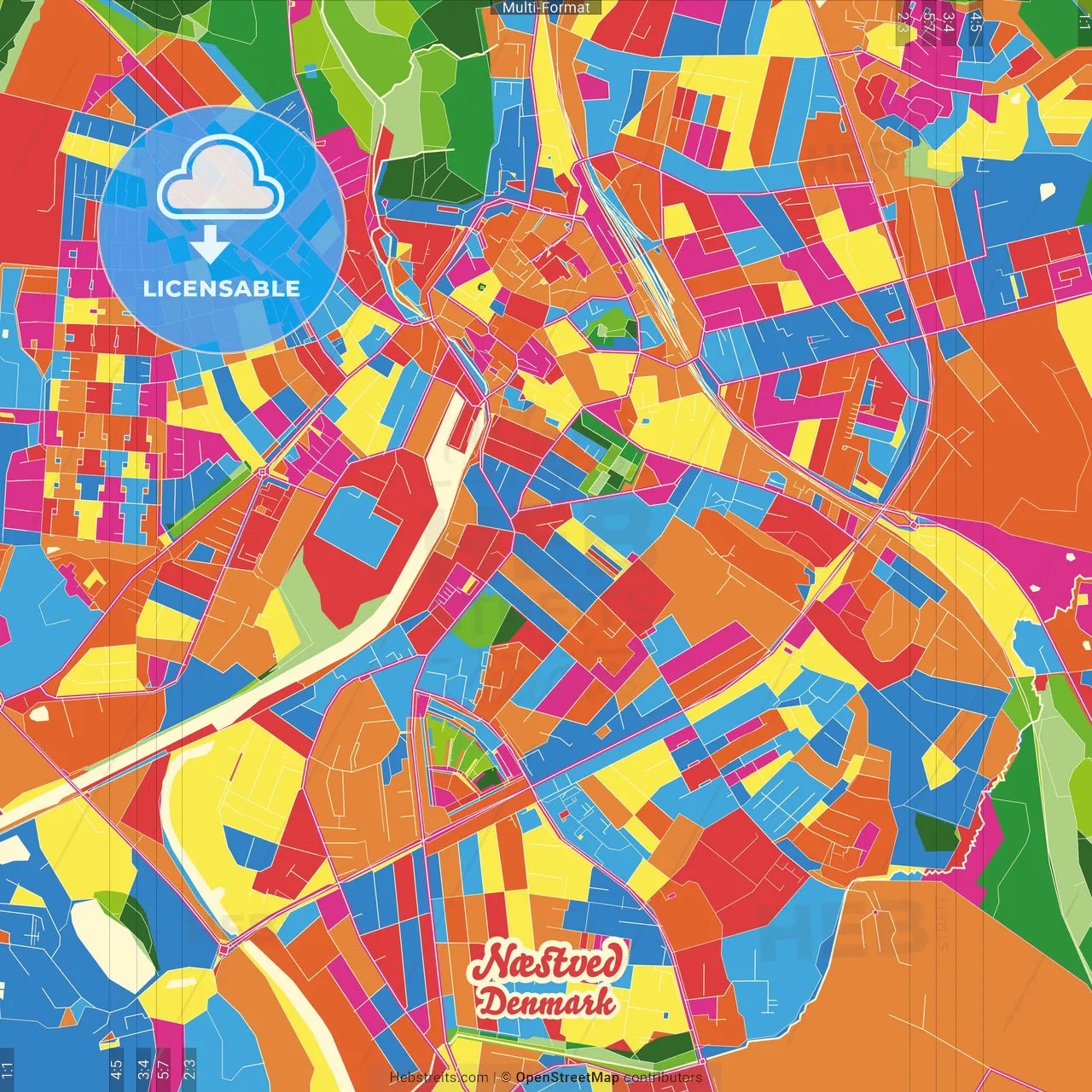 Næstved, Denmark Crazy Colorful Street Map Poster Template