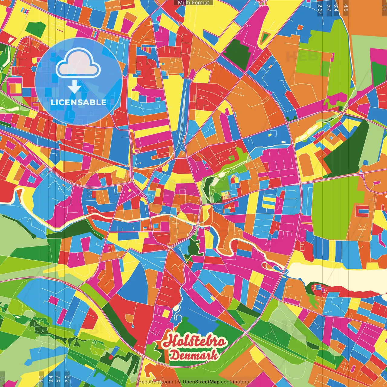 Holstebro, Denmark Crazy Colorful Street Map Poster Template