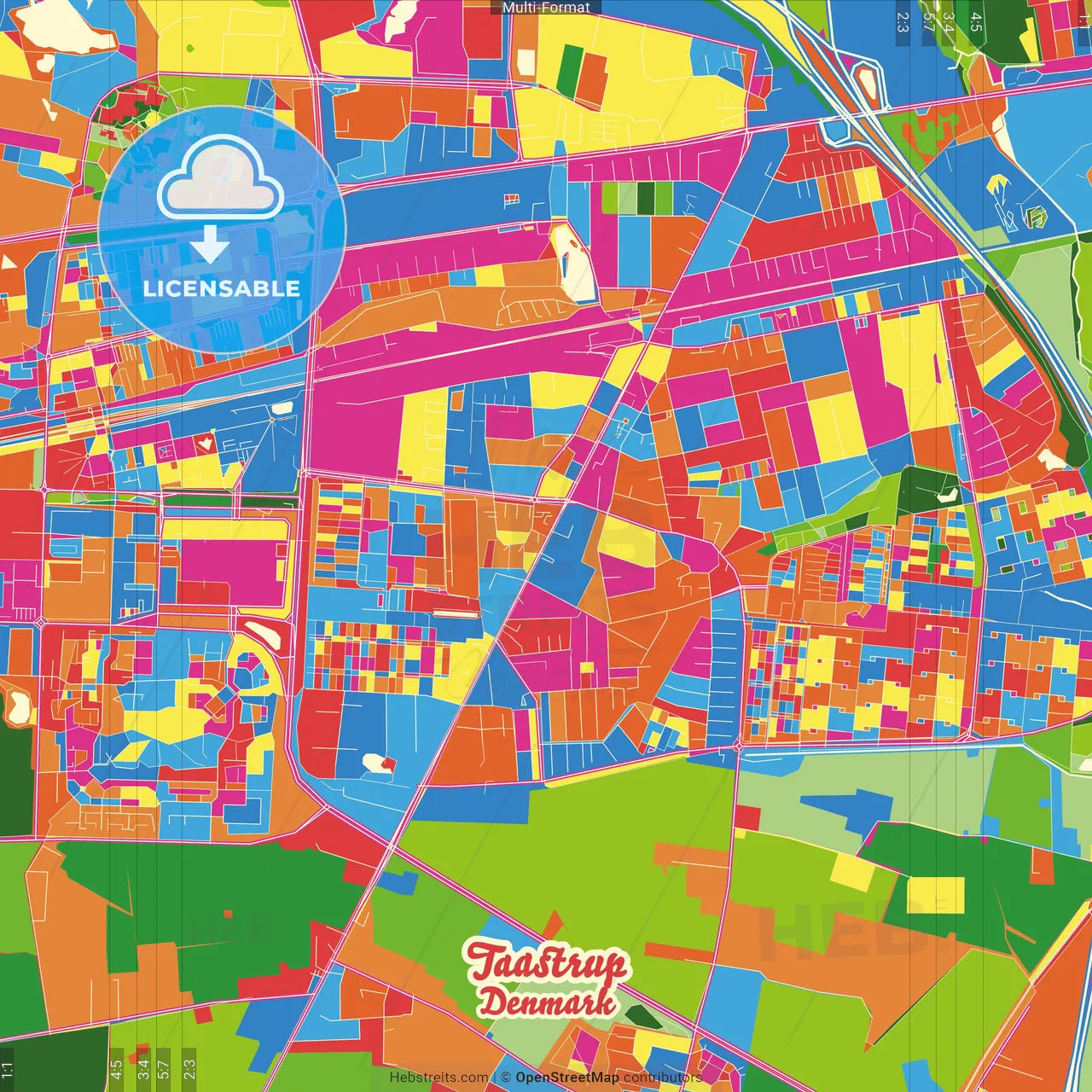 Taastrup, Denmark Crazy Colorful Street Map Poster Template