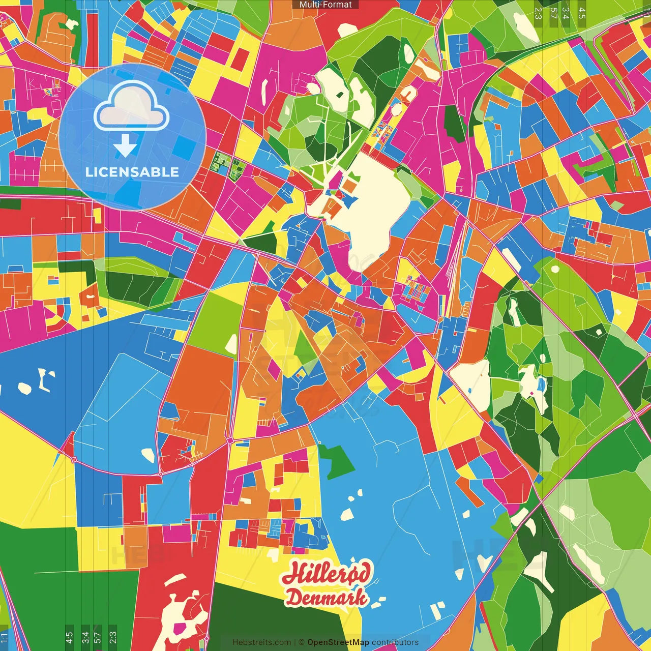 Hillerød, Denmark Crazy Colorful Street Map Poster Template
