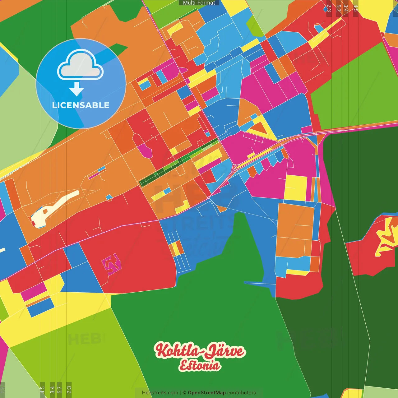 Kohtla-Järve, Ida-Viru, Estonia Crazy Colorful Street Map Poster Template