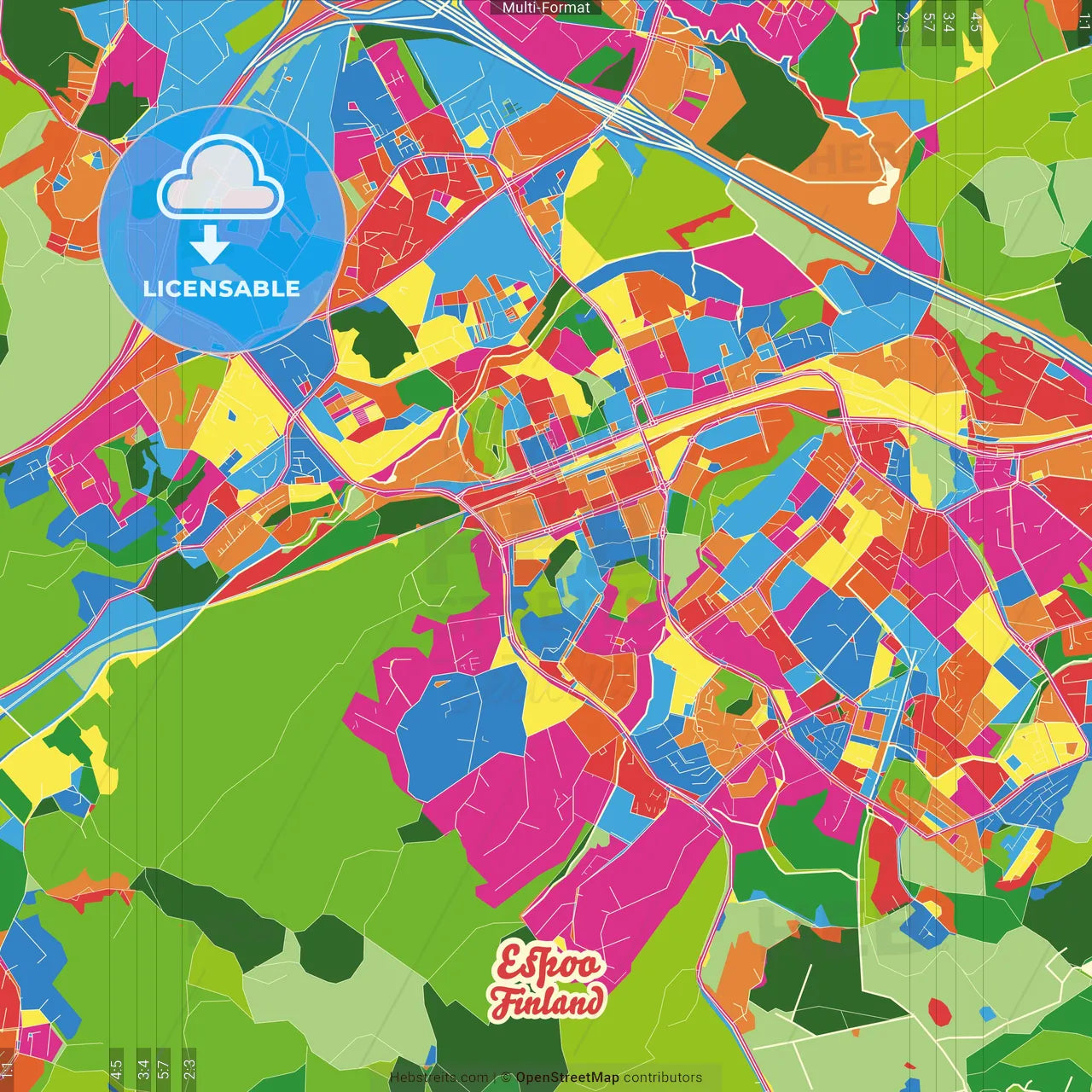 Espoo, Helsinki, Finland Crazy Colorful Street Map Poster Template