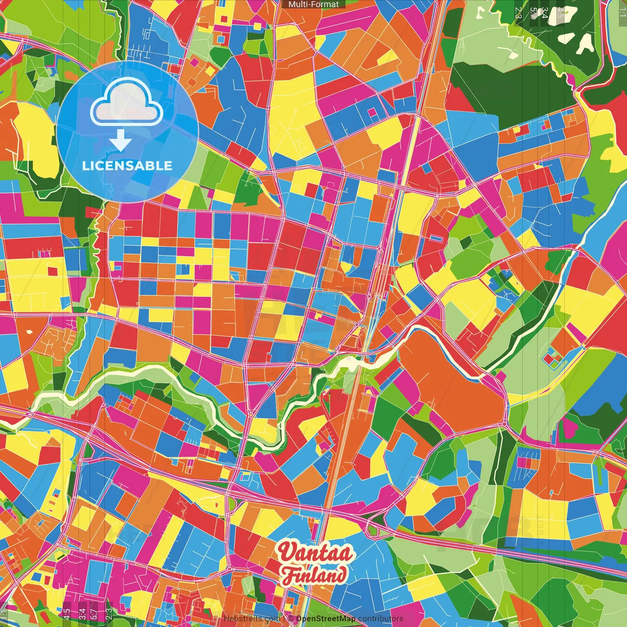 Vantaa, Helsinki, Finland Crazy Colorful Street Map Poster Template