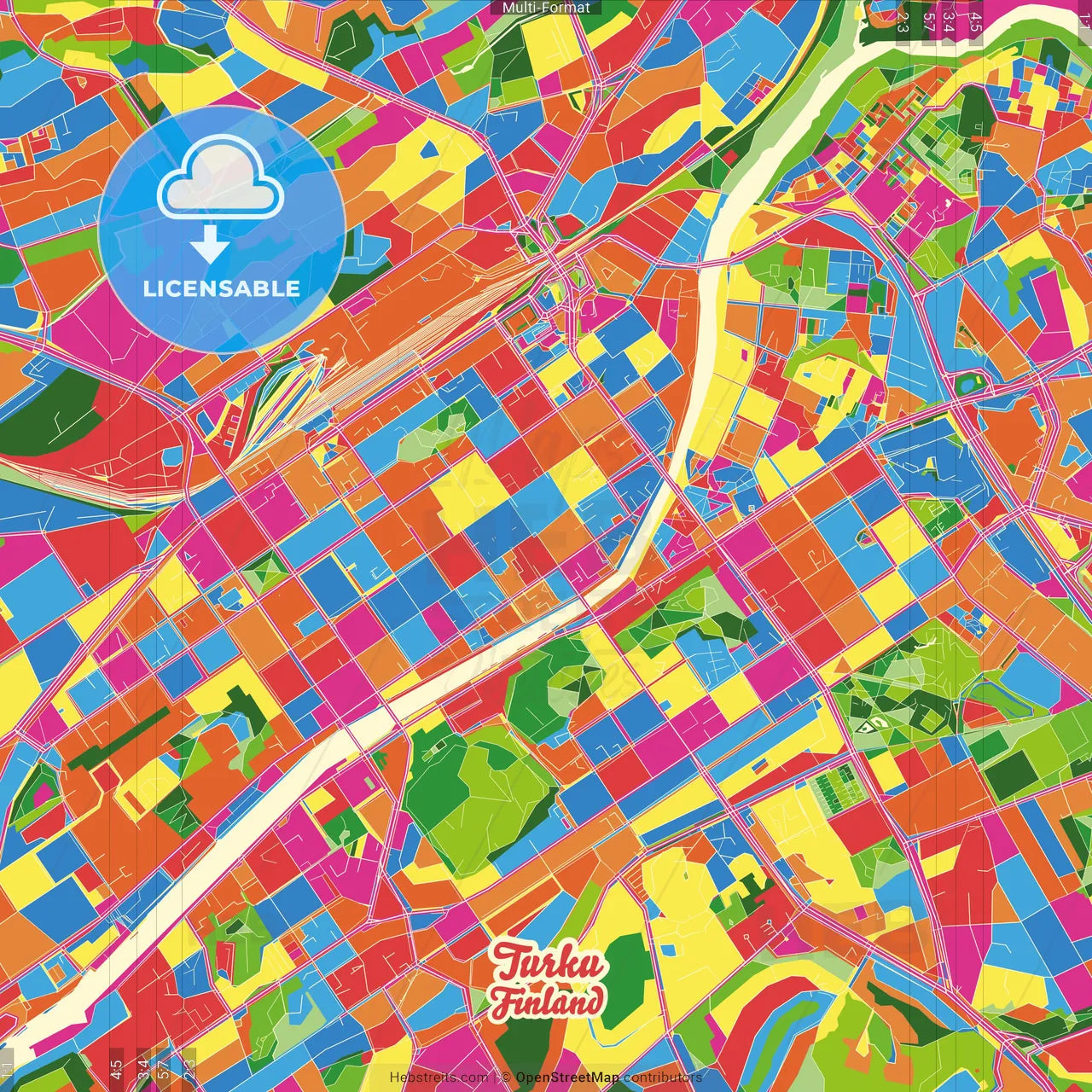 Turku, Turku, Finland Crazy Colorful Street Map Poster Template