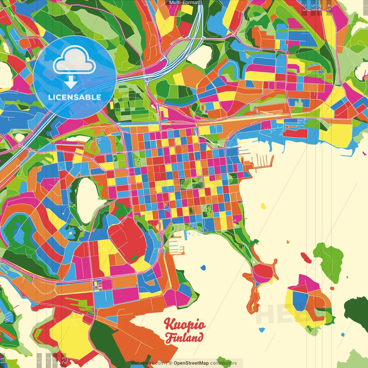 Kuopio, Finland Crazy Colorful Street Map Poster Template