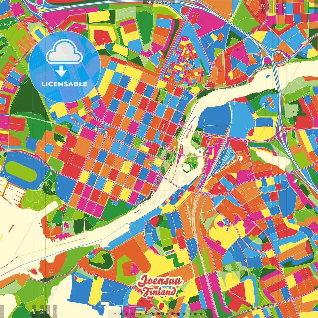Joensuu, Finland Crazy Colorful Street Map Poster Template