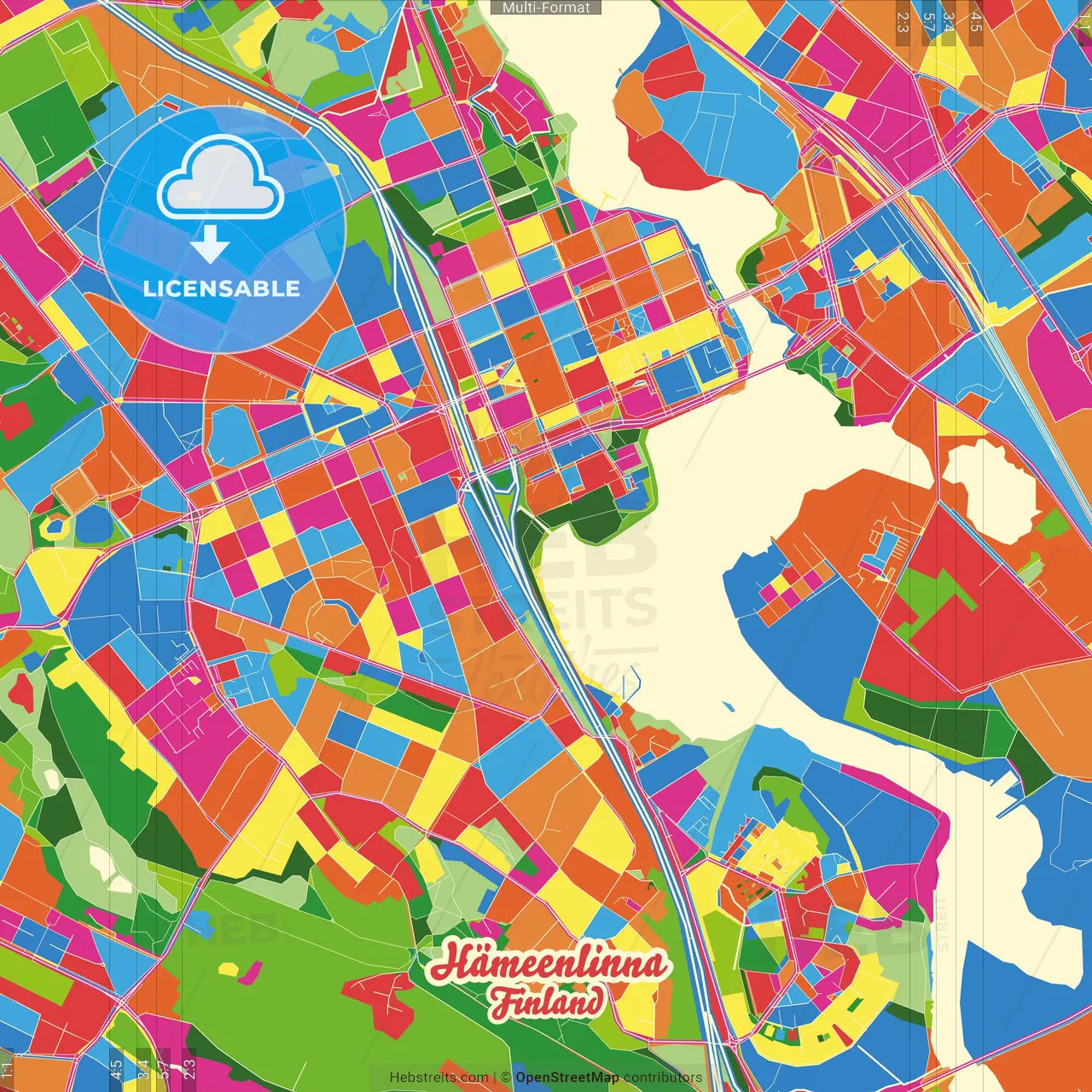 Hämeenlinna, Finland Crazy Colorful Street Map Poster Template