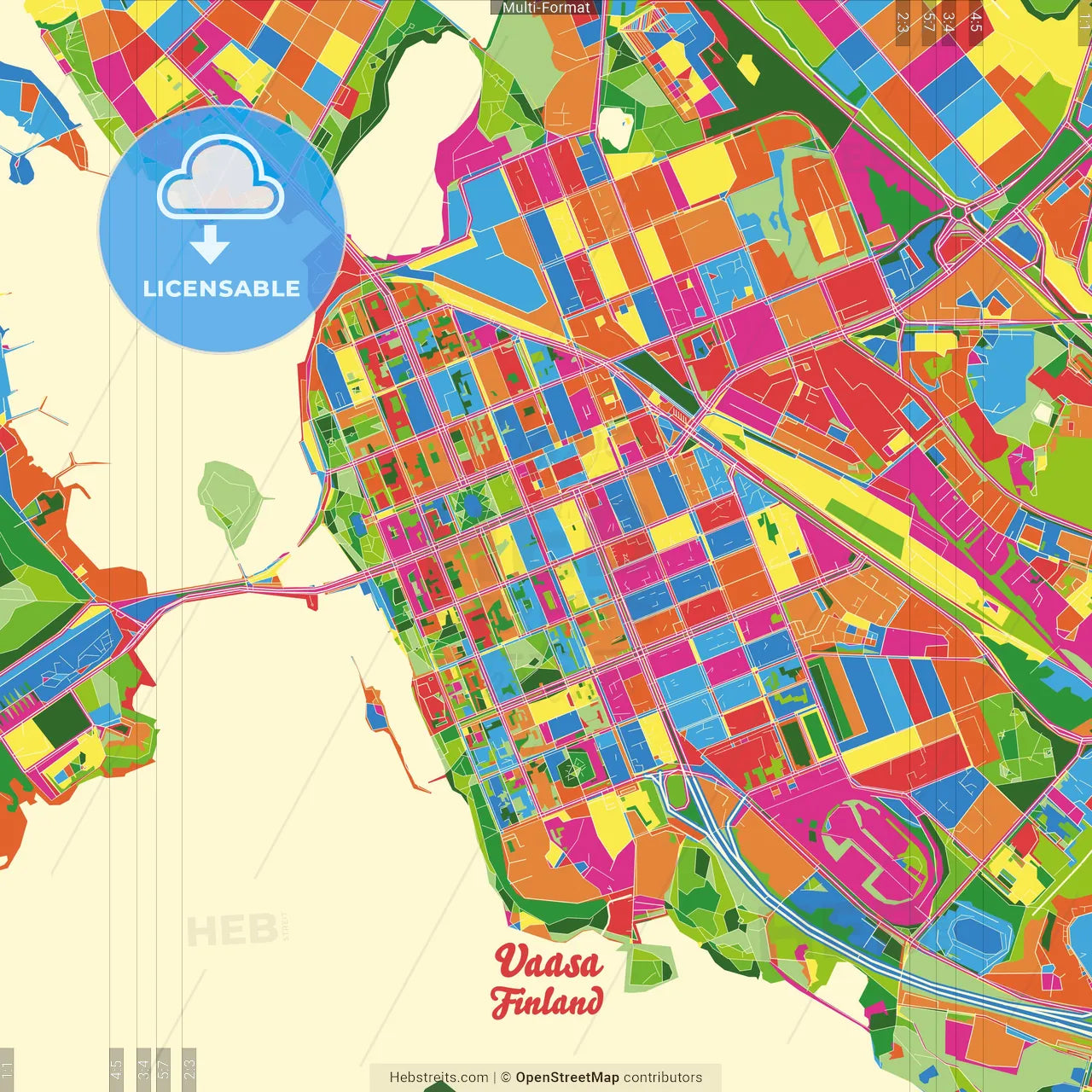 Vaasa, Finland Crazy Colorful Street Map Poster Template