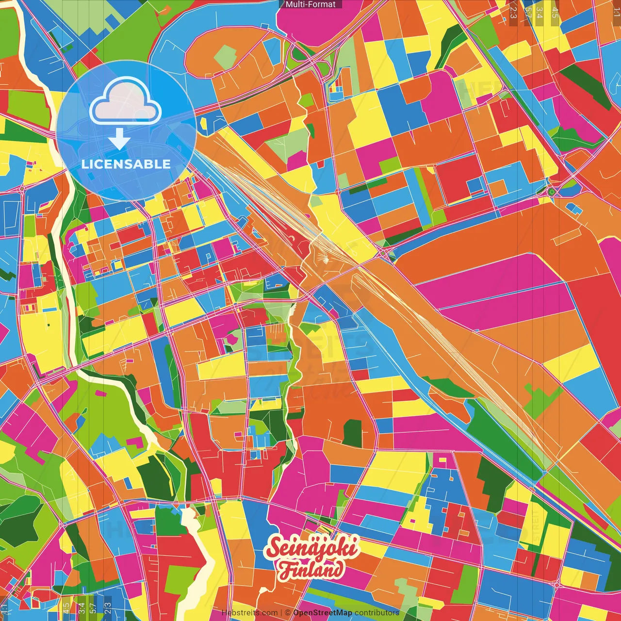 Seinäjoki, Finland Crazy Colorful Street Map Poster Template