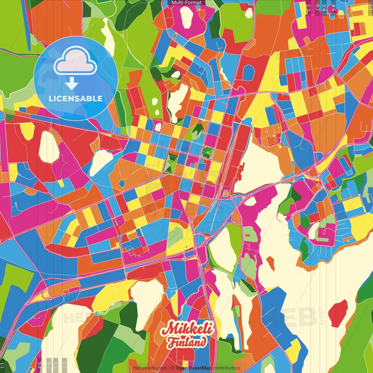 Mikkeli, Finland Crazy Colorful Street Map Poster Template