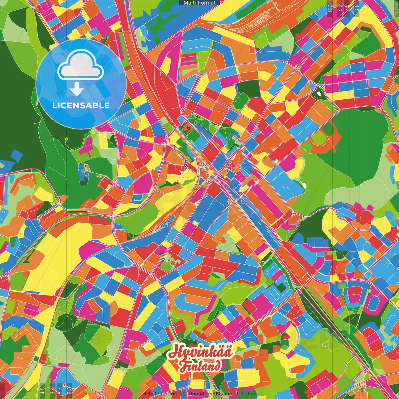 Hyvinkää, Finland Crazy Colorful Street Map Poster Template