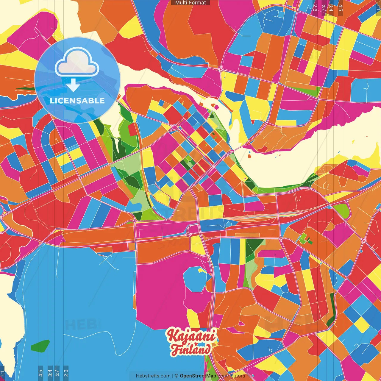 Kajaani, Finland Crazy Colorful Street Map Poster Template