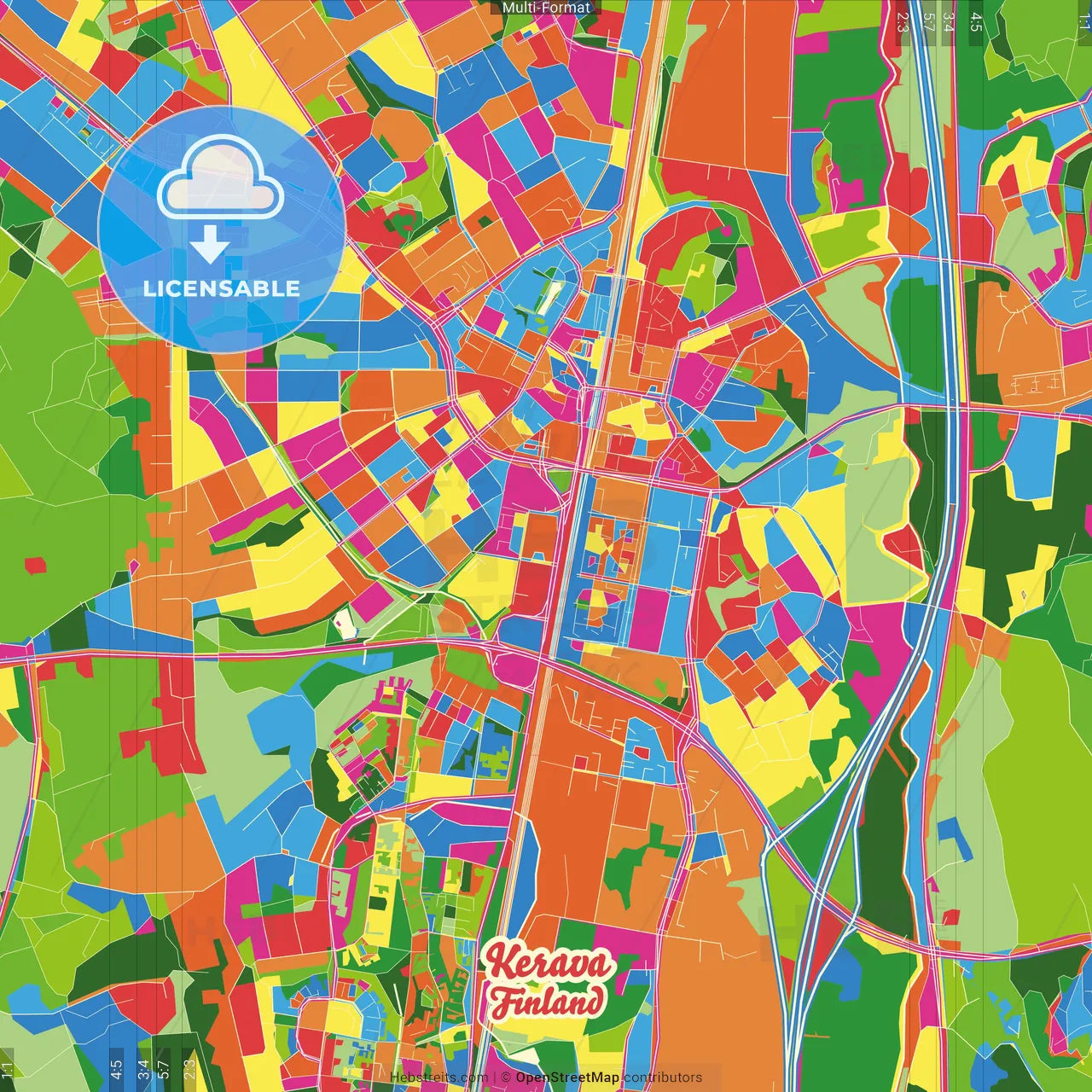 Kerava, Helsinki, Finland Crazy Colorful Street Map Poster Template