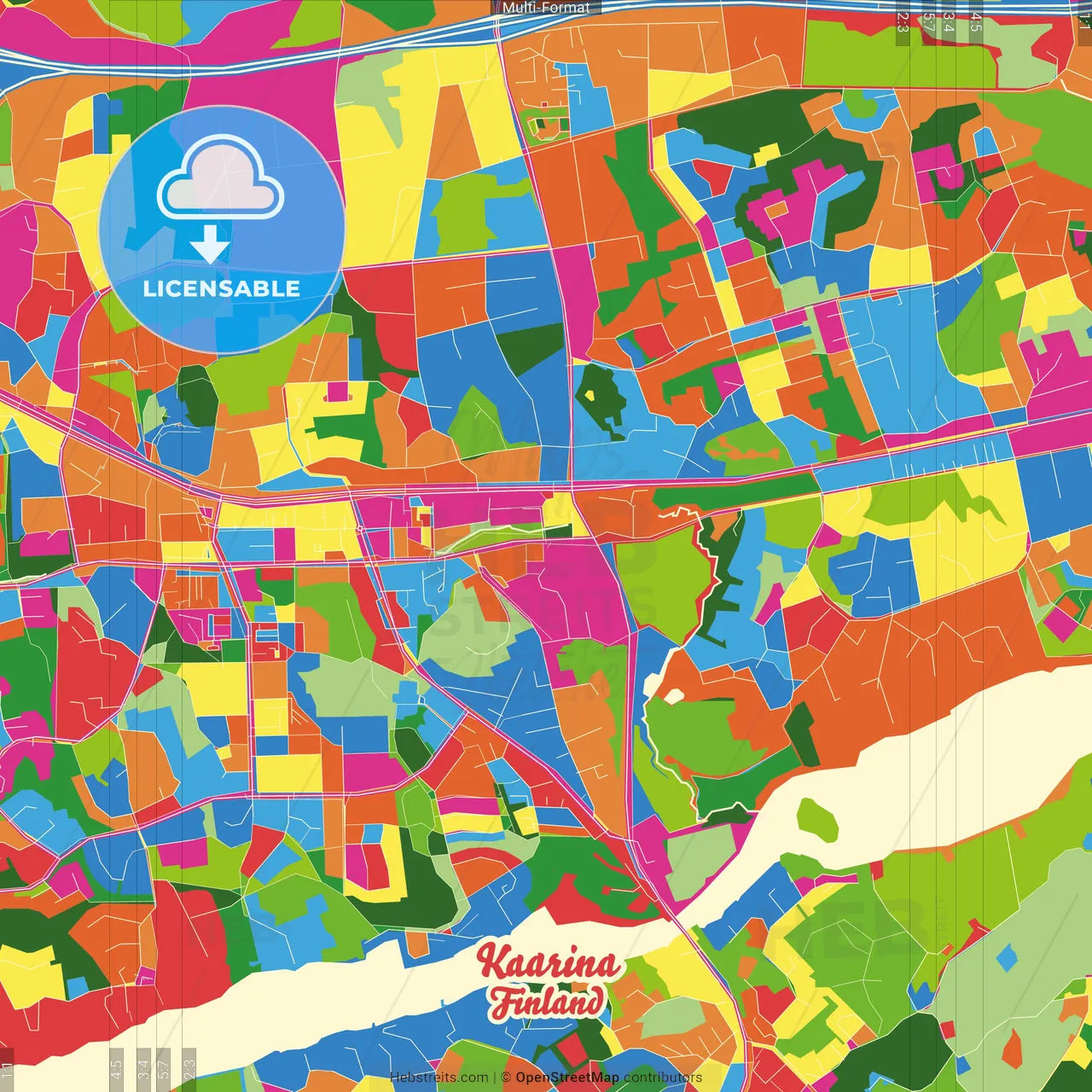 Kaarina, Turku, Finland Crazy Colorful Street Map Poster Template