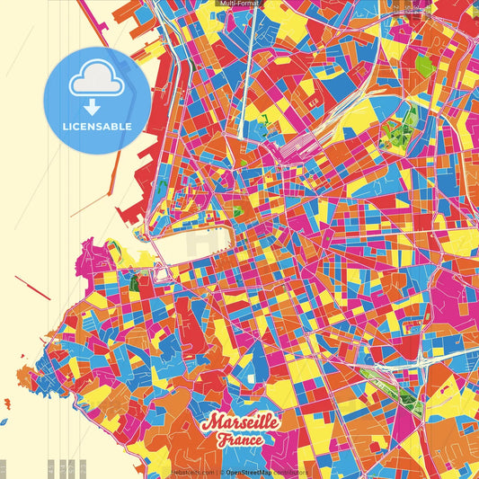 Marseille, Bouches-du-Rhône, France Crazy Colorful Street Map Poster Template