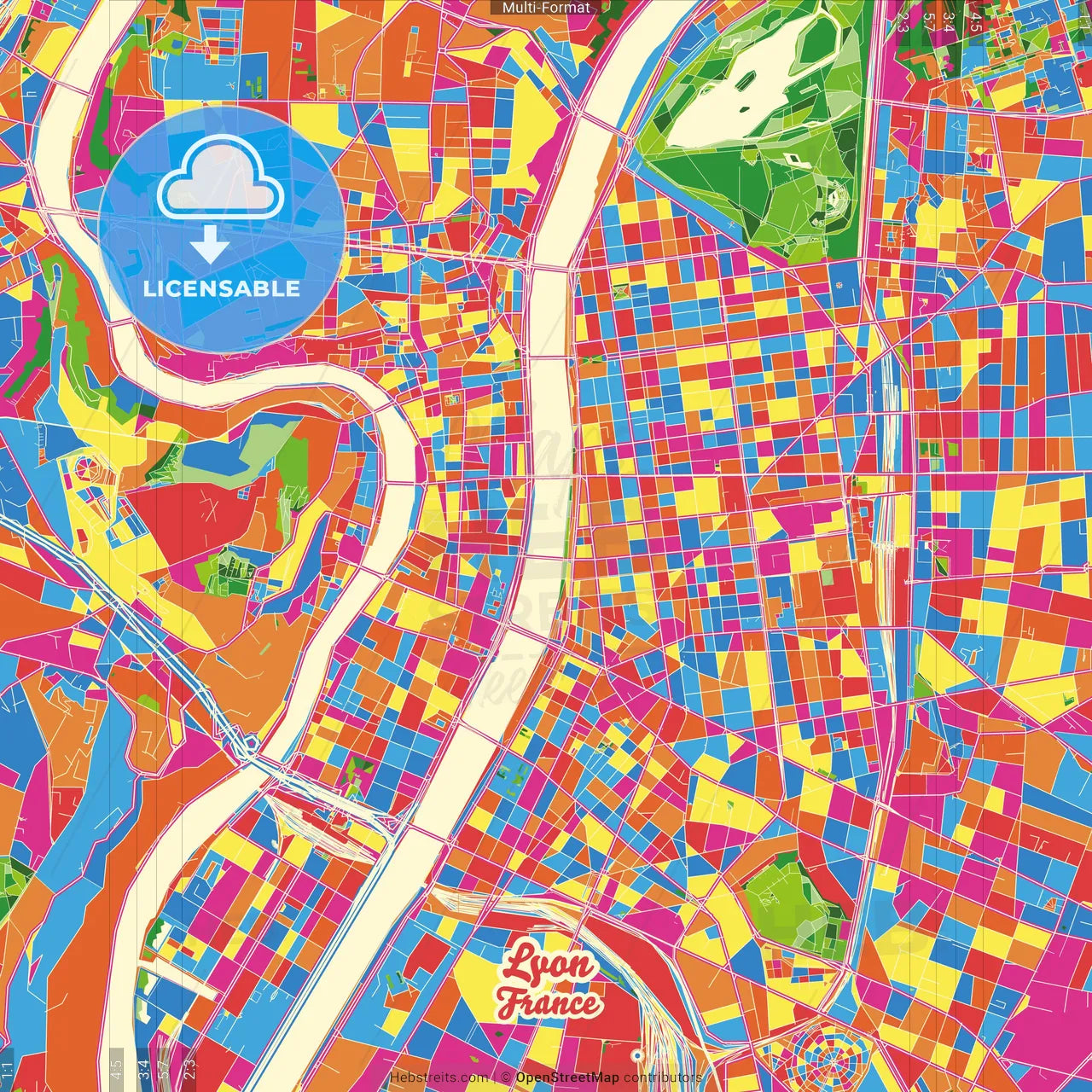 Lyon, Rhône, France Crazy Colorful Street Map Poster Template