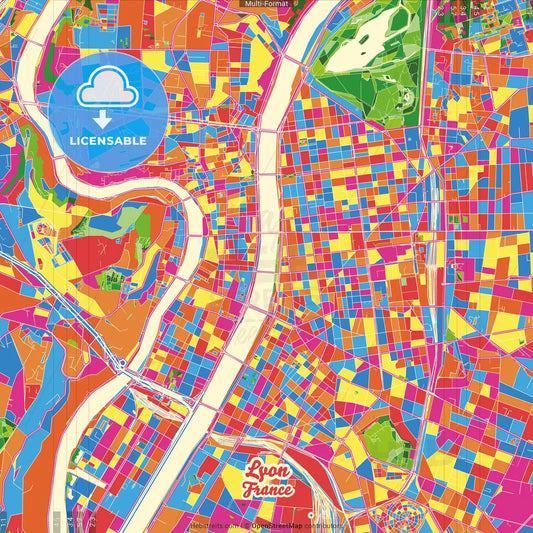 Lyon, Rhône, France Crazy Colorful Street Map Poster Template