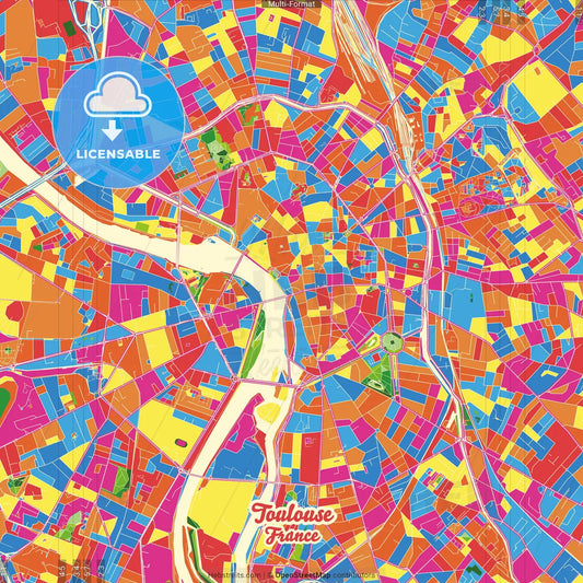 Toulouse, Haute-Garonne, France Crazy Colorful Street Map Poster Template