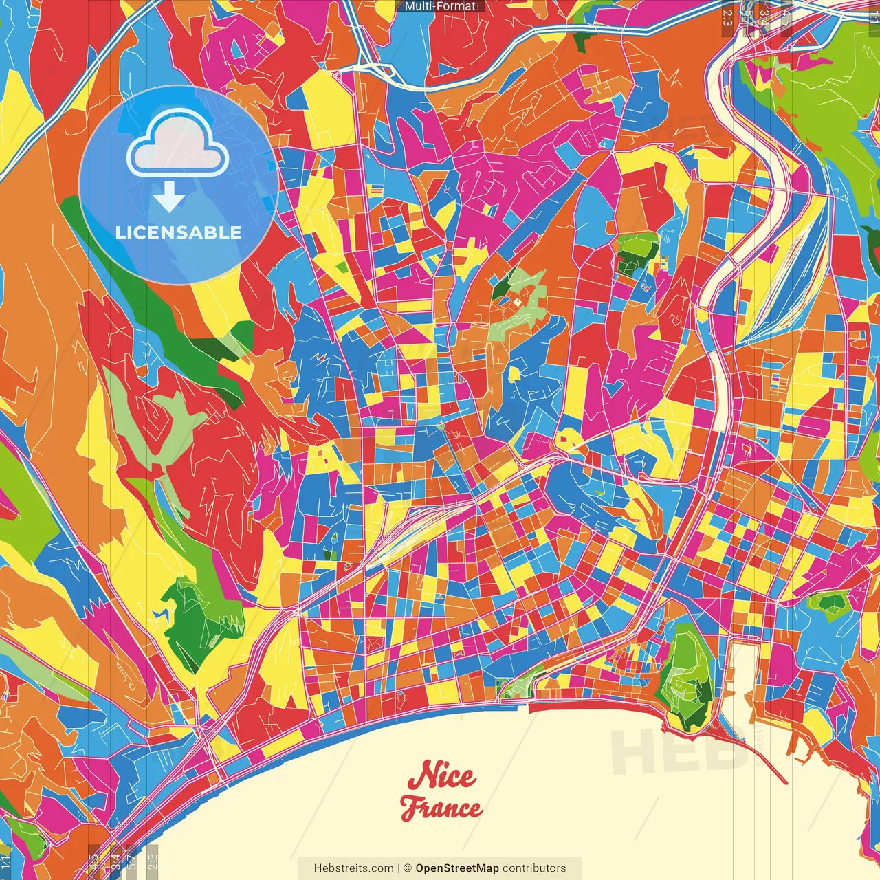Nice, Alpes-Maritimes, France Crazy Colorful Street Map Poster Template