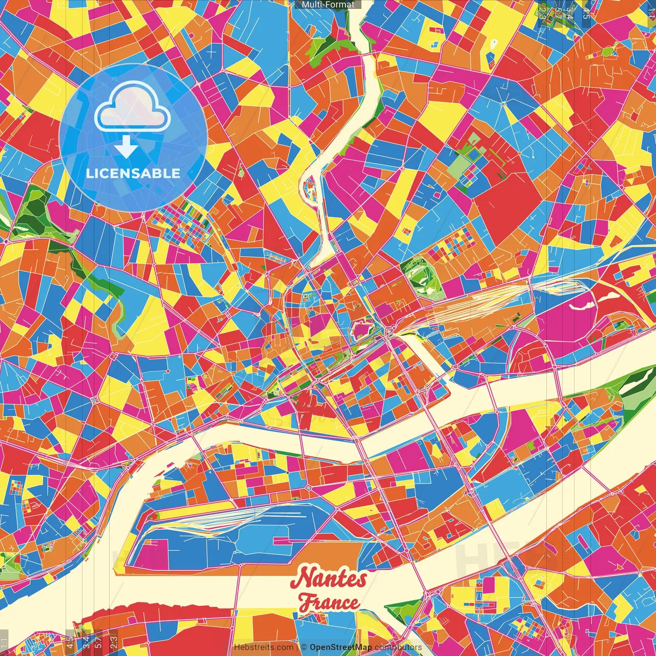 Nantes, Loire-Atlantique, France Crazy Colorful Street Map Poster Template