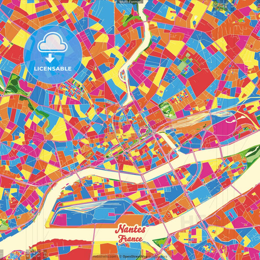 Nantes, Loire-Atlantique, France Crazy Colorful Street Map Poster Template