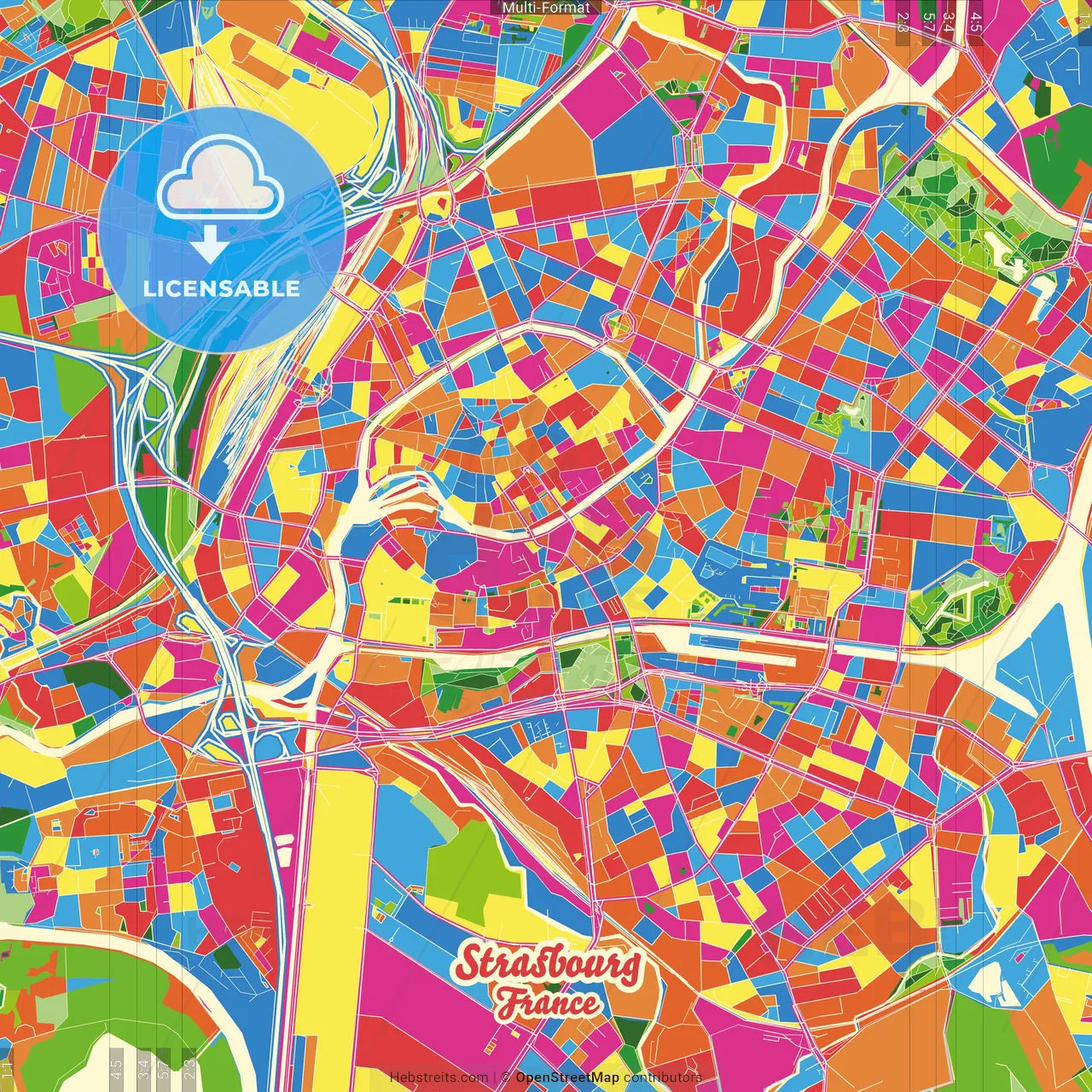 Strasbourg, Bas-Rhin, France Crazy Colorful Street Map Poster Template