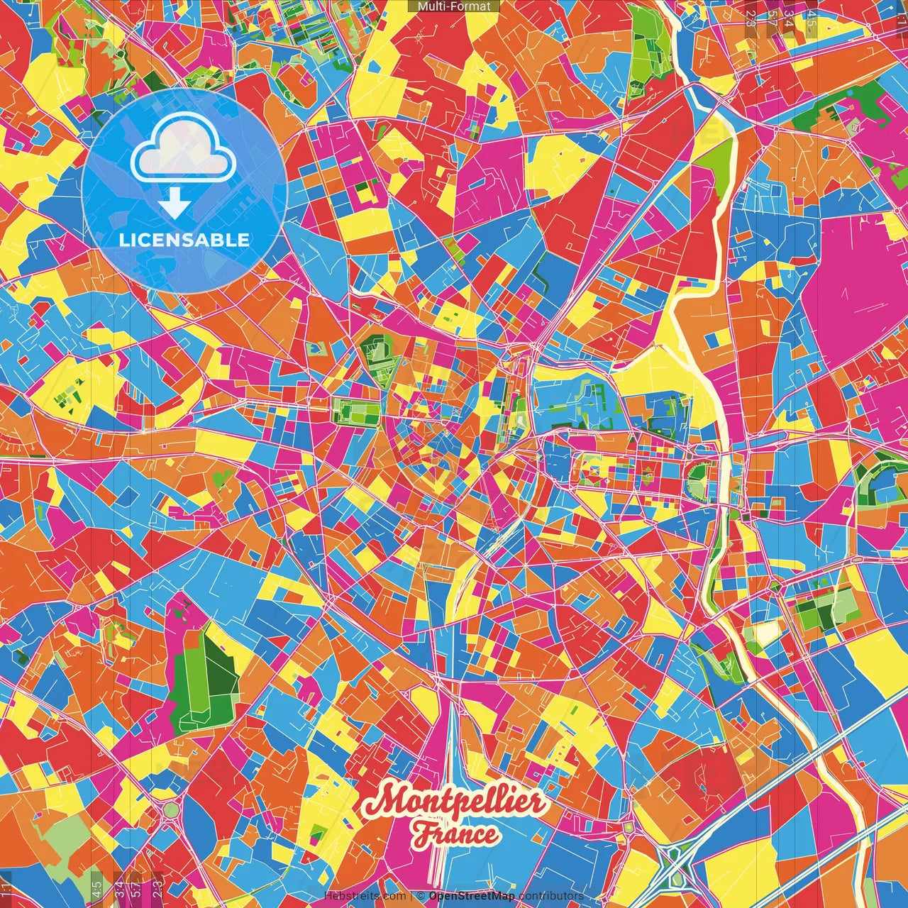 Montpellier, Hérault, France Crazy Colorful Street Map Poster Template