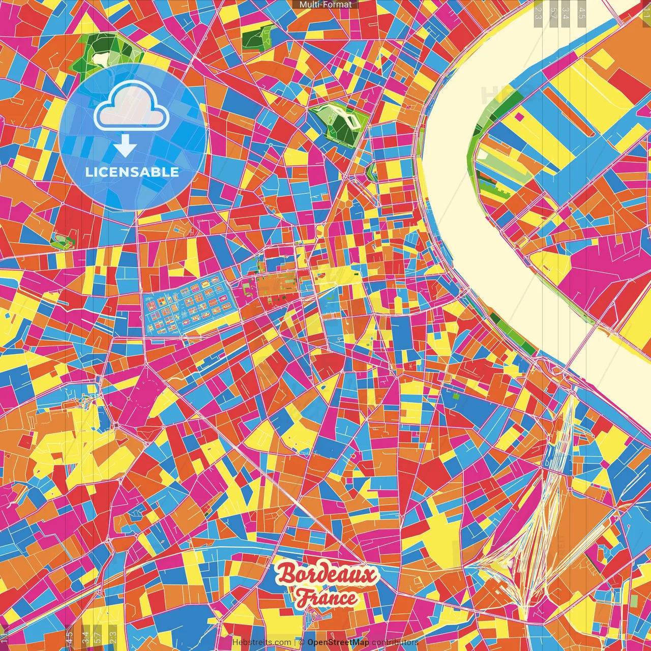 Bordeaux, Gironde, France Crazy Colorful Street Map Poster Template