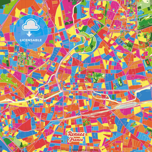 Rennes, Ille-et-Vilaine, France Crazy Colorful Street Map Poster Template