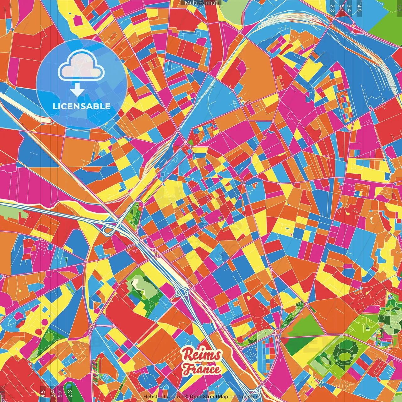 Reims, Marne, France Crazy Colorful Street Map Poster Template