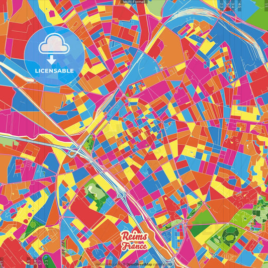 Reims, Marne, France Crazy Colorful Street Map Poster Template