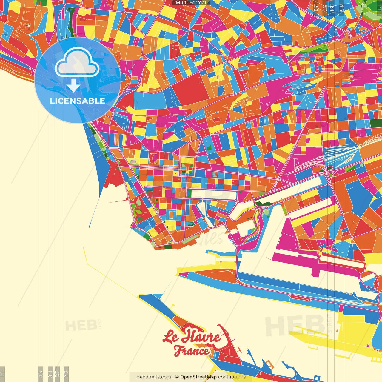 Le Havre, Seine-Maritime, France Crazy Colorful Street Map Poster Template