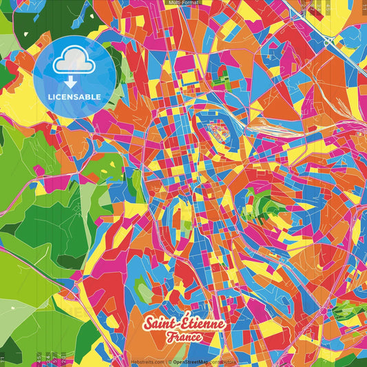 Saint-Étienne, Loire, France Crazy Colorful Street Map Poster Template
