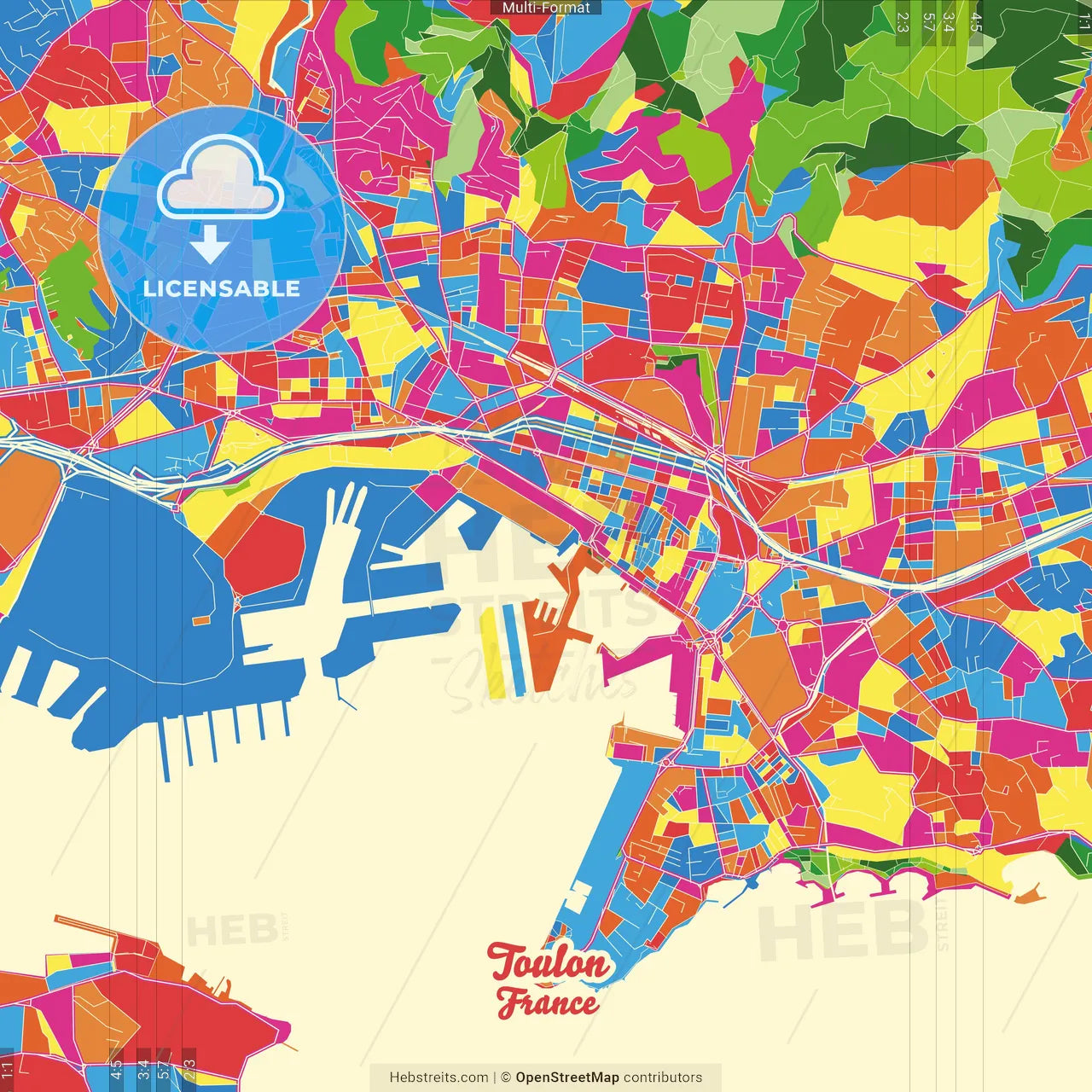 Toulon, Var, France Crazy Colorful Street Map Poster Template