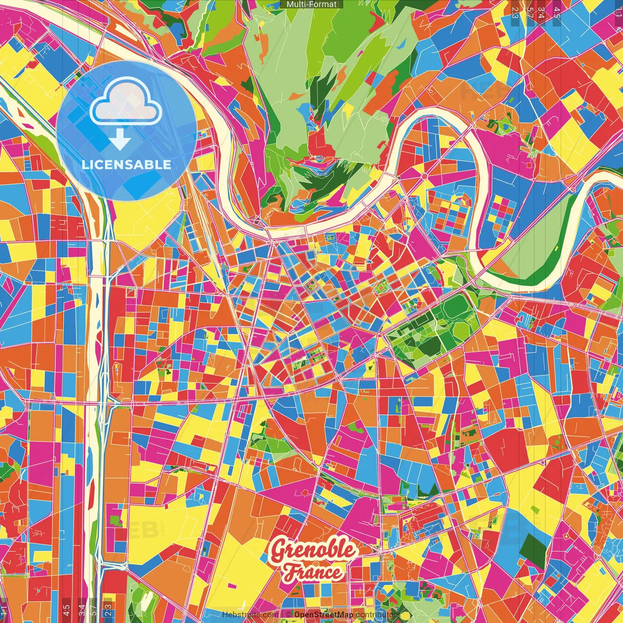 Grenoble, Isère, France Crazy Colorful Street Map Poster Template