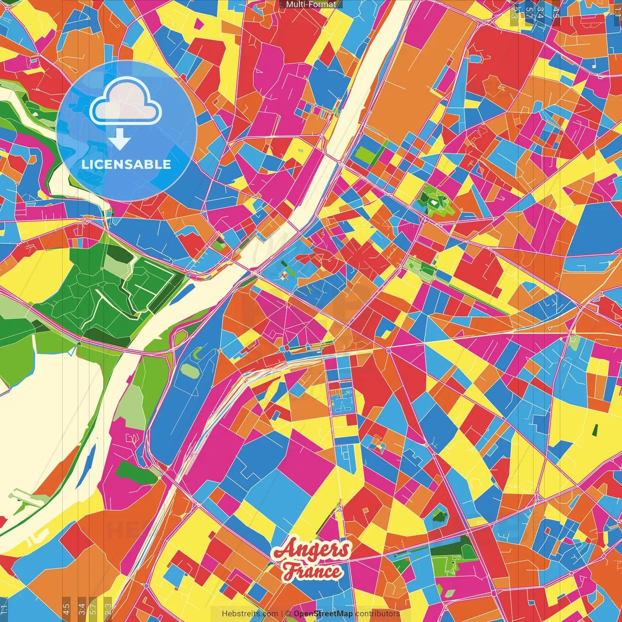 Angers, Maine-et-Loire, France Crazy Colorful Street Map Poster Template