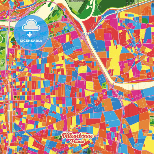 Villeurbanne, Rhône, France Crazy Colorful Street Map Poster Template