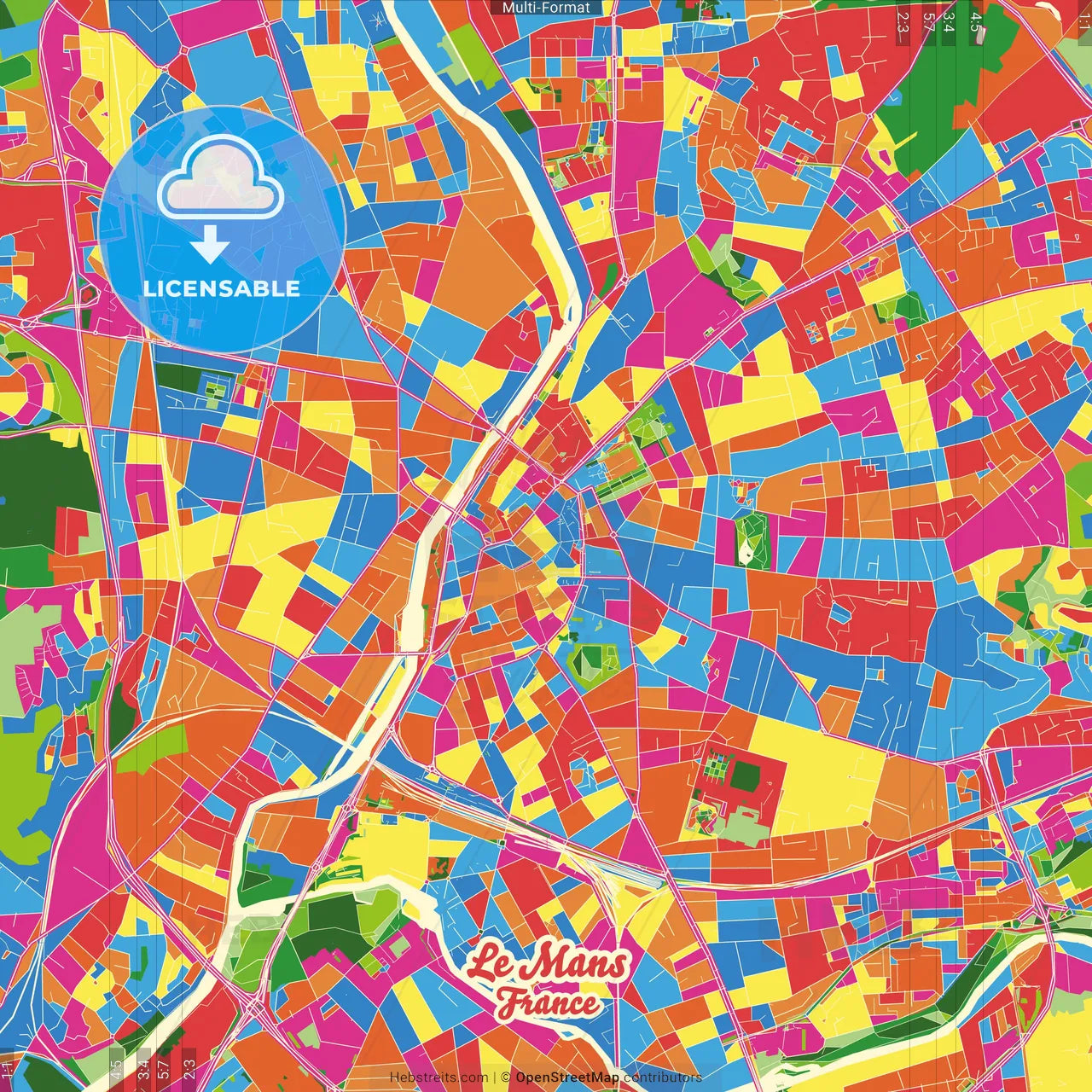 Le Mans, Sarthe, France Crazy Colorful Street Map Poster Template