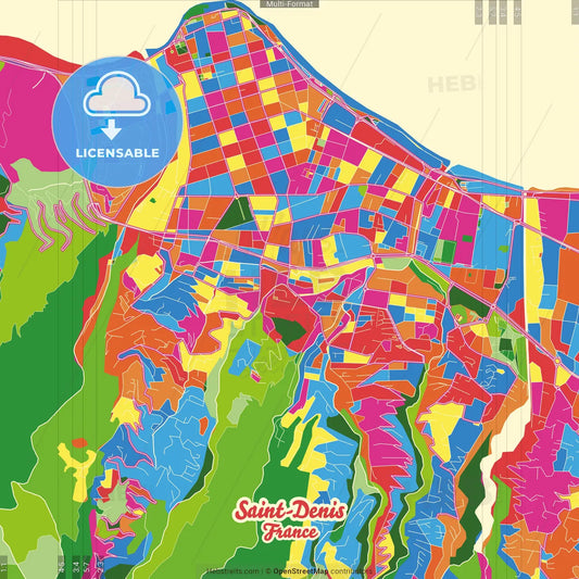 Saint-Denis, Réunion, France Crazy Colorful Street Map Poster Template