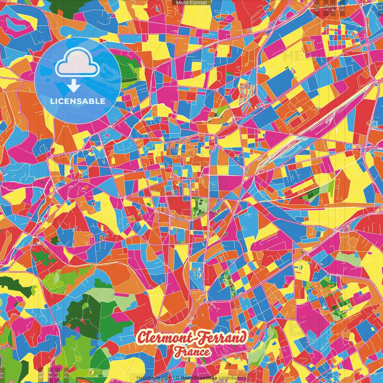 Clermont-Ferrand, Puy-de-Dôme, France Crazy Colorful Street Map Poster Template