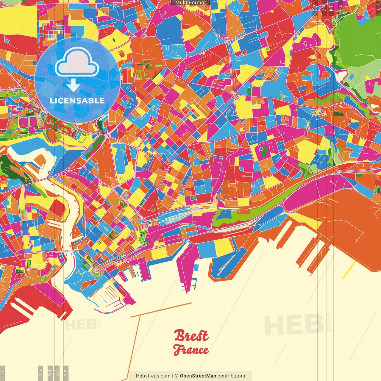 Brest, Finistère, France Crazy Colorful Street Map Poster Template